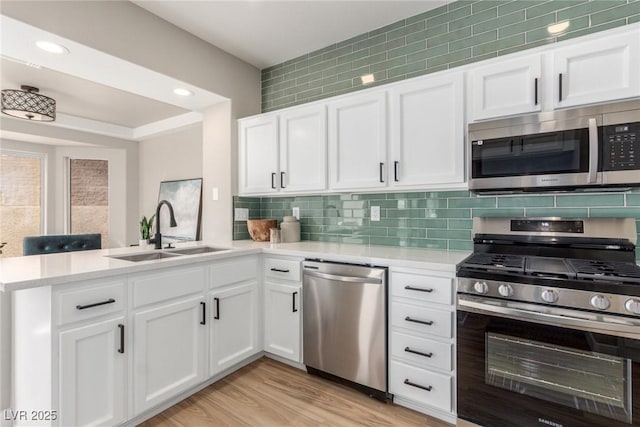 kitchen with sink, tasteful backsplash, appliances with stainless steel finishes, kitchen peninsula, and white cabinets