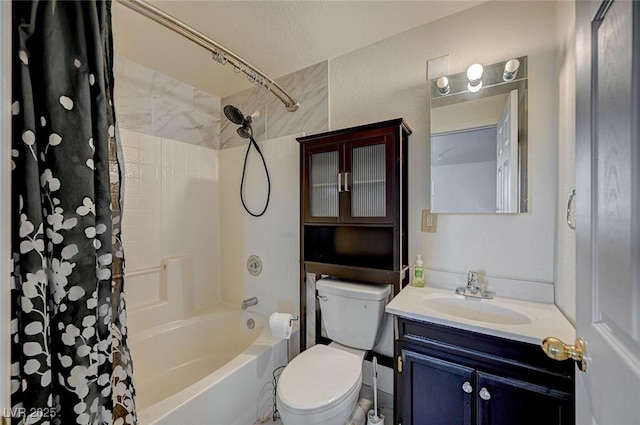 full bathroom with vanity, shower / bathtub combination with curtain, and toilet