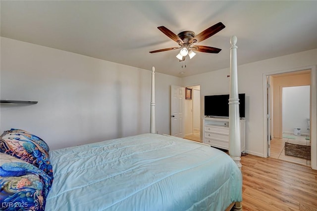 bedroom featuring ceiling fan and light wood-type flooring