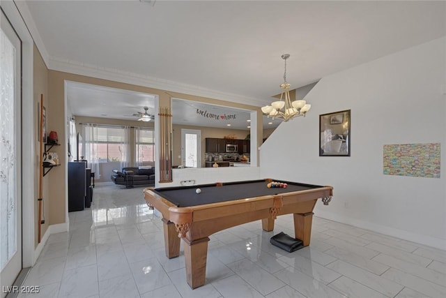 rec room with crown molding, ceiling fan with notable chandelier, and pool table