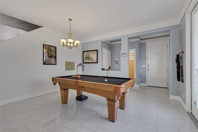 recreation room featuring crown molding and pool table