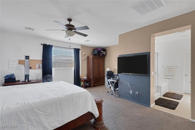 bedroom with light carpet and ceiling fan