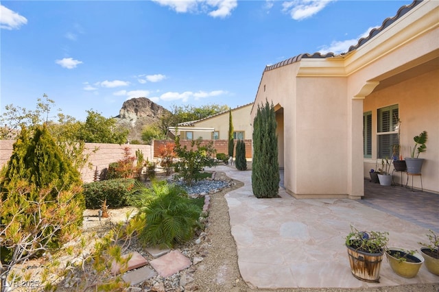 view of yard featuring a mountain view and a patio area