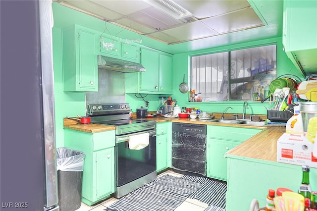 kitchen with wood counters, sink, black dishwasher, and stainless steel electric range oven