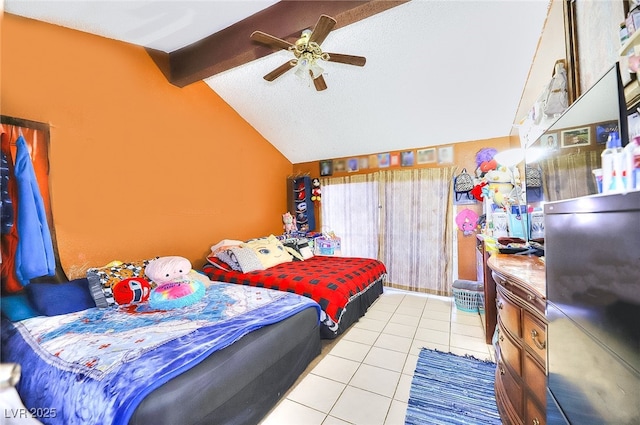 bedroom with vaulted ceiling with beams, ceiling fan, and light tile patterned flooring