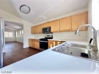 kitchen with light brown cabinetry, sink, vaulted ceiling, and appliances with stainless steel finishes