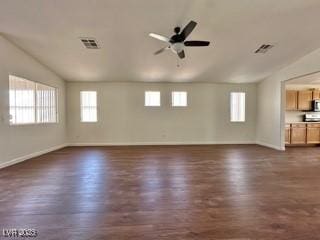 empty room featuring dark wood-type flooring, ceiling fan, and lofted ceiling