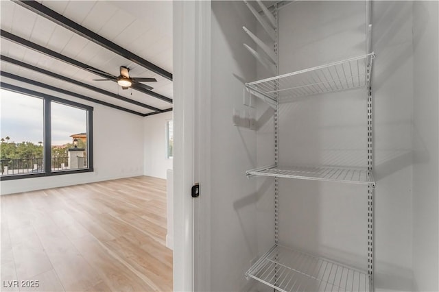 walk in closet featuring hardwood / wood-style flooring, ceiling fan, and beam ceiling