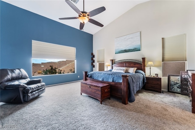 carpeted bedroom featuring ceiling fan, high vaulted ceiling, and baseboards