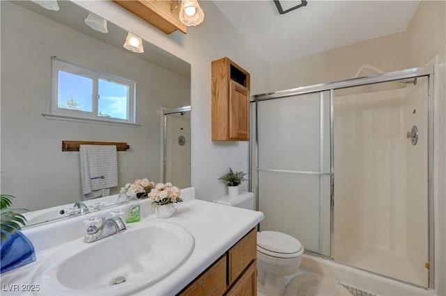 bathroom with vanity, toilet, and a shower with door