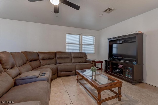 living room with a ceiling fan, visible vents, baseboards, and light tile patterned flooring