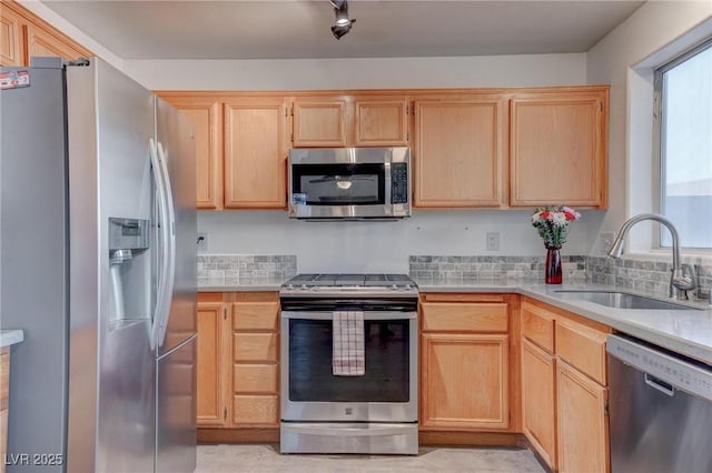 kitchen with a healthy amount of sunlight, appliances with stainless steel finishes, sink, and light brown cabinets