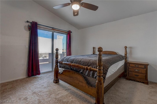 bedroom featuring ceiling fan, light colored carpet, lofted ceiling, and access to outside