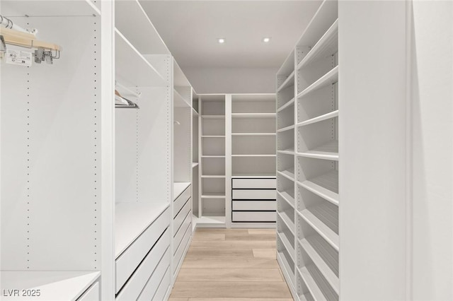 walk in closet with light hardwood / wood-style floors