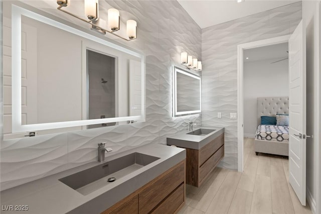 bathroom with vanity and backsplash