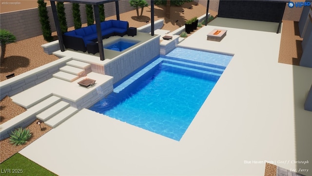 view of pool with a fire pit, a patio area, pool water feature, and a jacuzzi