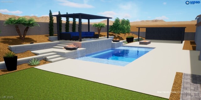 view of swimming pool featuring an outdoor living space with a fire pit and a patio area