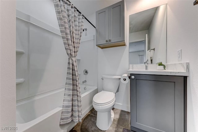 full bathroom featuring shower / tub combo with curtain, vanity, and toilet