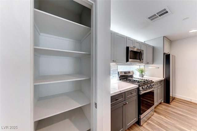 kitchen featuring gray cabinetry, light wood-type flooring, and appliances with stainless steel finishes