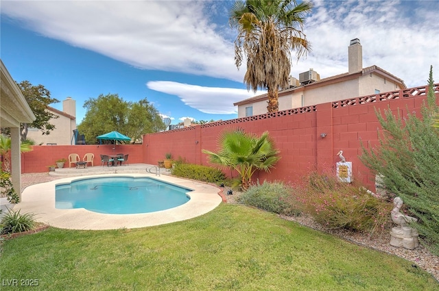 view of pool featuring central AC, a patio area, and a lawn