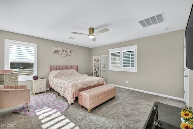 carpeted bedroom with ceiling fan