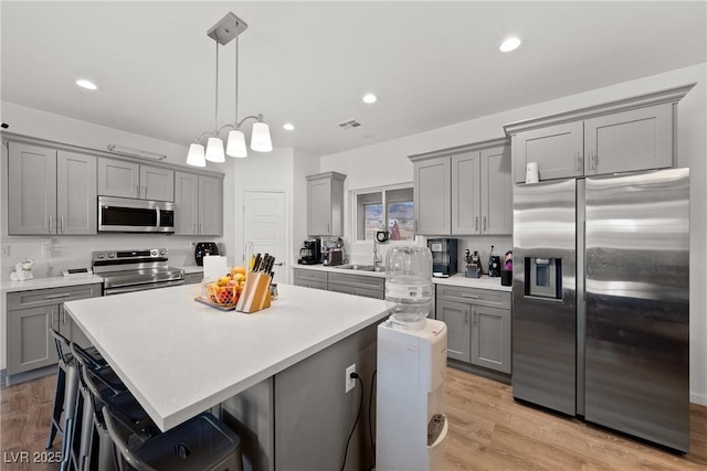 kitchen with pendant lighting, gray cabinets, a kitchen breakfast bar, and appliances with stainless steel finishes