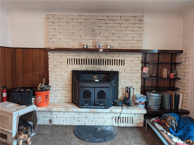 interior details featuring wood walls and a wood stove