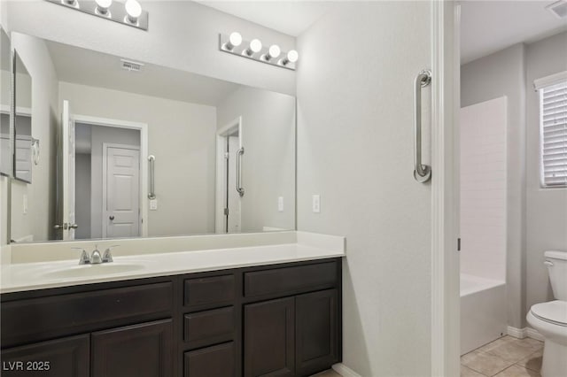 full bathroom featuring vanity, toilet, shower / washtub combination, and tile patterned flooring