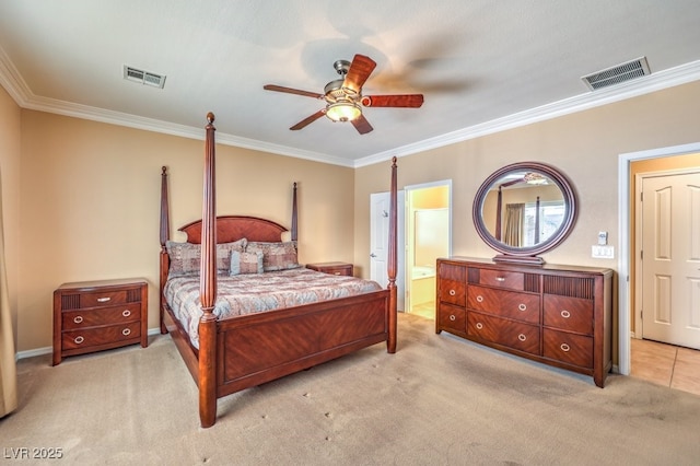 bedroom featuring visible vents, crown molding, and light carpet