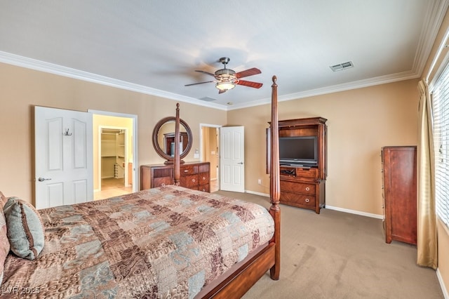 bedroom with crown molding, visible vents, a ceiling fan, light carpet, and baseboards