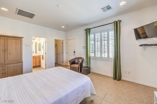 bedroom with recessed lighting, visible vents, baseboards, and light tile patterned flooring