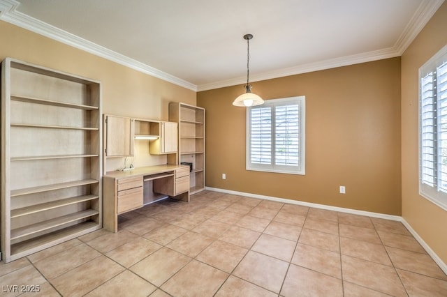 unfurnished office featuring light tile patterned floors, plenty of natural light, baseboards, and ornamental molding