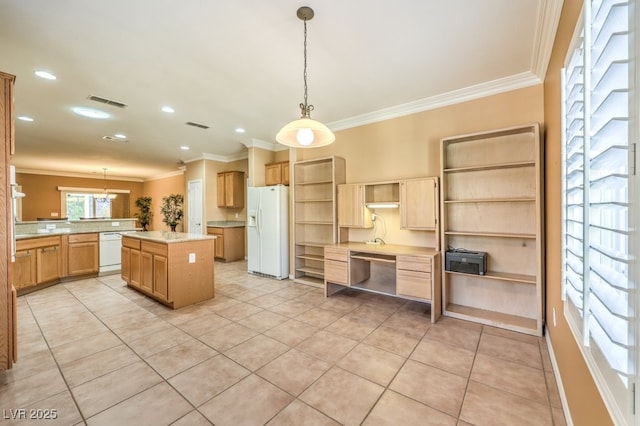 kitchen with white appliances, hanging light fixtures, light countertops, a center island, and open shelves