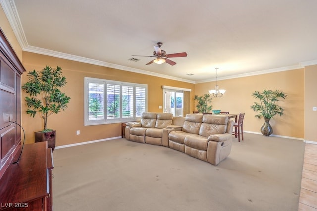 living room featuring light carpet, baseboards, and ornamental molding