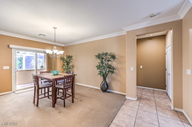 dining space featuring light tile patterned floors, visible vents, a notable chandelier, and ornamental molding