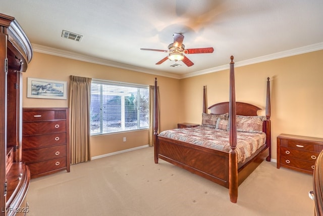 bedroom with visible vents, ornamental molding, light carpet, ceiling fan, and baseboards