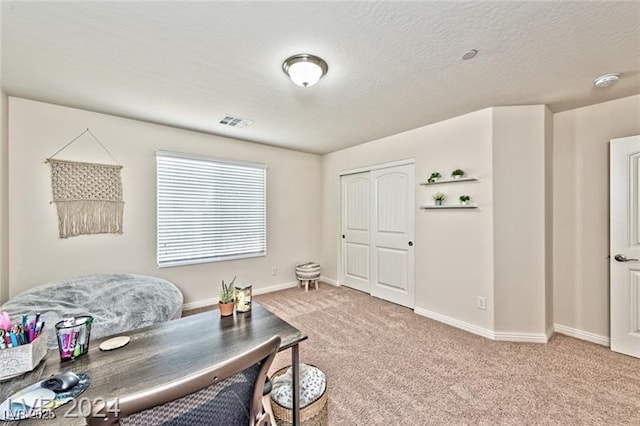 office featuring light carpet and a textured ceiling