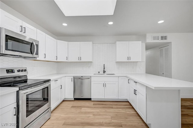 kitchen with appliances with stainless steel finishes, sink, white cabinets, and kitchen peninsula