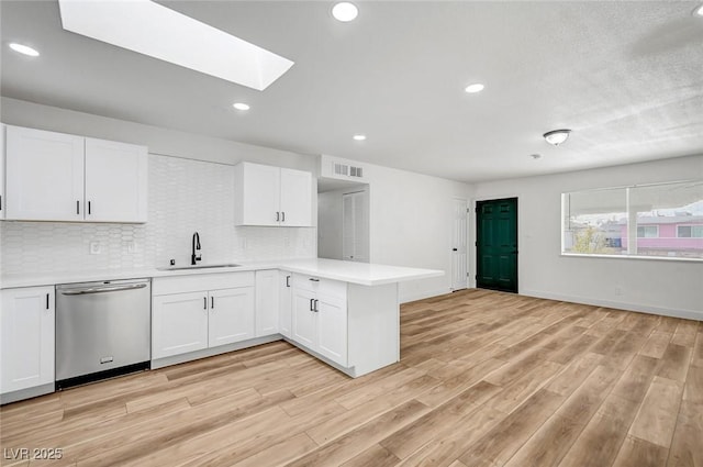 kitchen featuring white cabinetry, sink, kitchen peninsula, and dishwasher