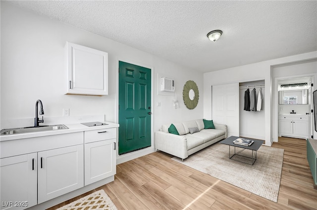 living room with sink, light hardwood / wood-style flooring, and a textured ceiling