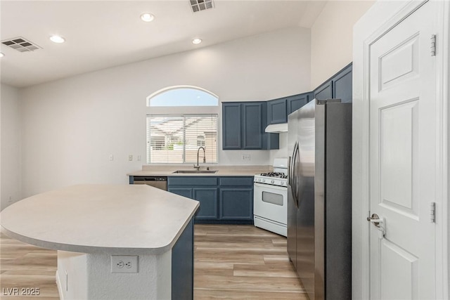 kitchen with sink, a center island, stainless steel appliances, blue cabinetry, and light hardwood / wood-style flooring