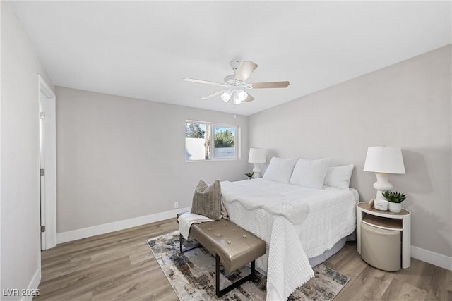 bedroom with ceiling fan and light wood-type flooring