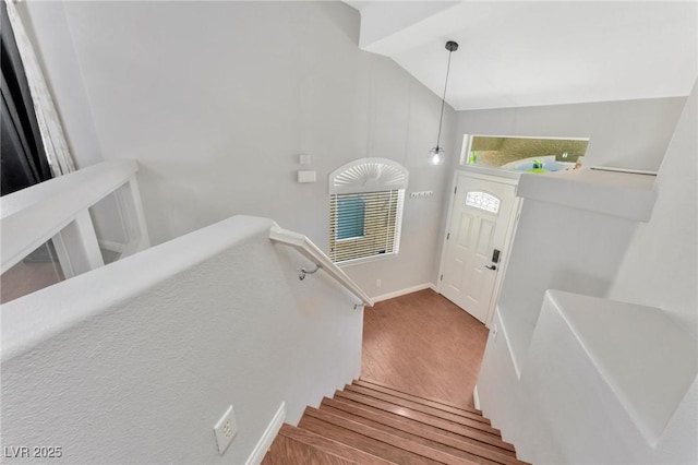 foyer entrance with lofted ceiling and wood-type flooring