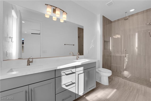 bathroom featuring a shower with door, vanity, and toilet