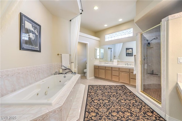 full bathroom with vanity, tile patterned flooring, plus walk in shower, and toilet