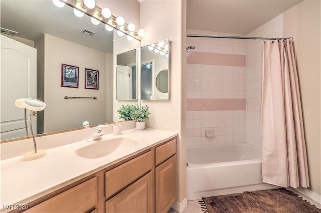 bathroom with vanity and shower / bathtub combination with curtain