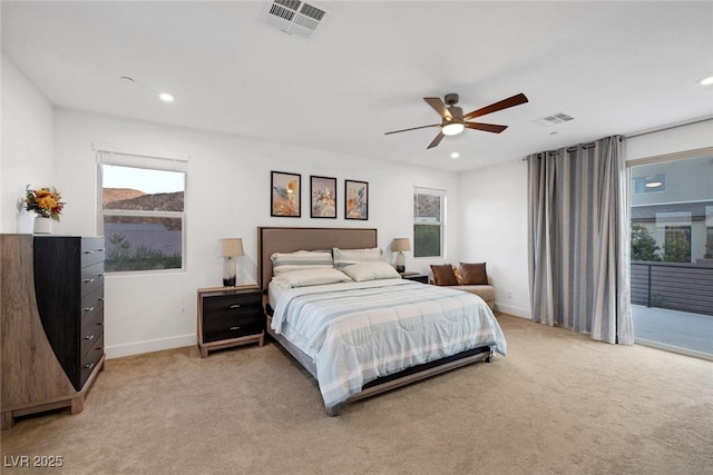 bedroom featuring carpet flooring, access to exterior, and ceiling fan