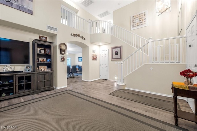 foyer with a towering ceiling and hardwood / wood-style flooring