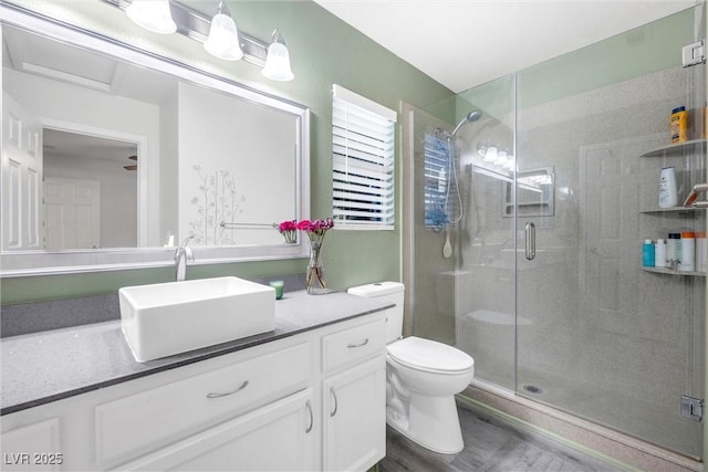 bathroom with vanity, toilet, and a shower with door