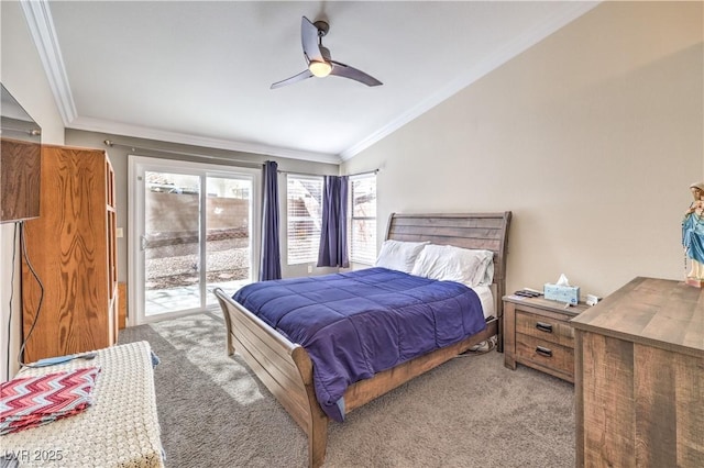 bedroom with lofted ceiling, light colored carpet, access to exterior, ceiling fan, and crown molding